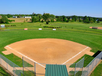 an aerial view of a baseball field with the pitcher's mound
