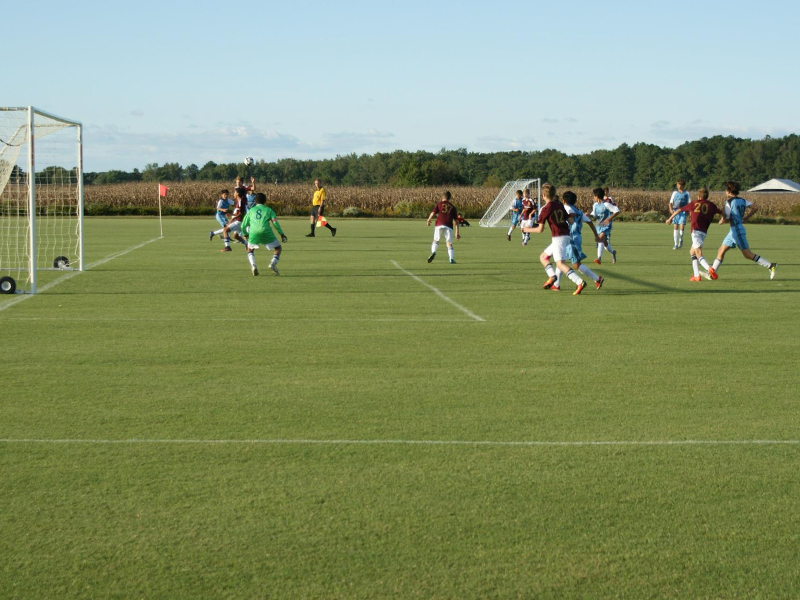 a group of people playing soccer on a field
