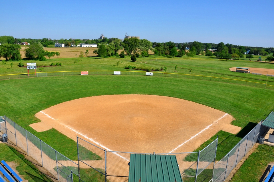 an aerial view of a baseball field with the pitcher's mound