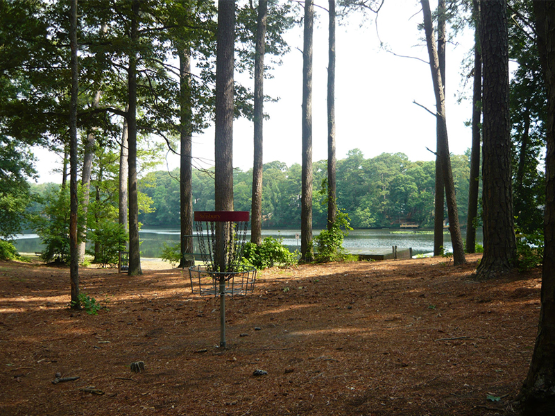 a frisbee golf goal in the woods near a lake